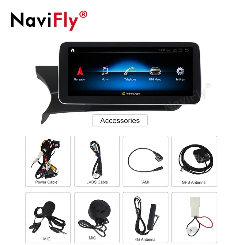 

NaviFly Android 10 Car DVD GPS for Mercedes benz C Class W204 C200 C260 C300 2011-2013 10.25" 1920*720 Blue Anti-Glar Carplay
