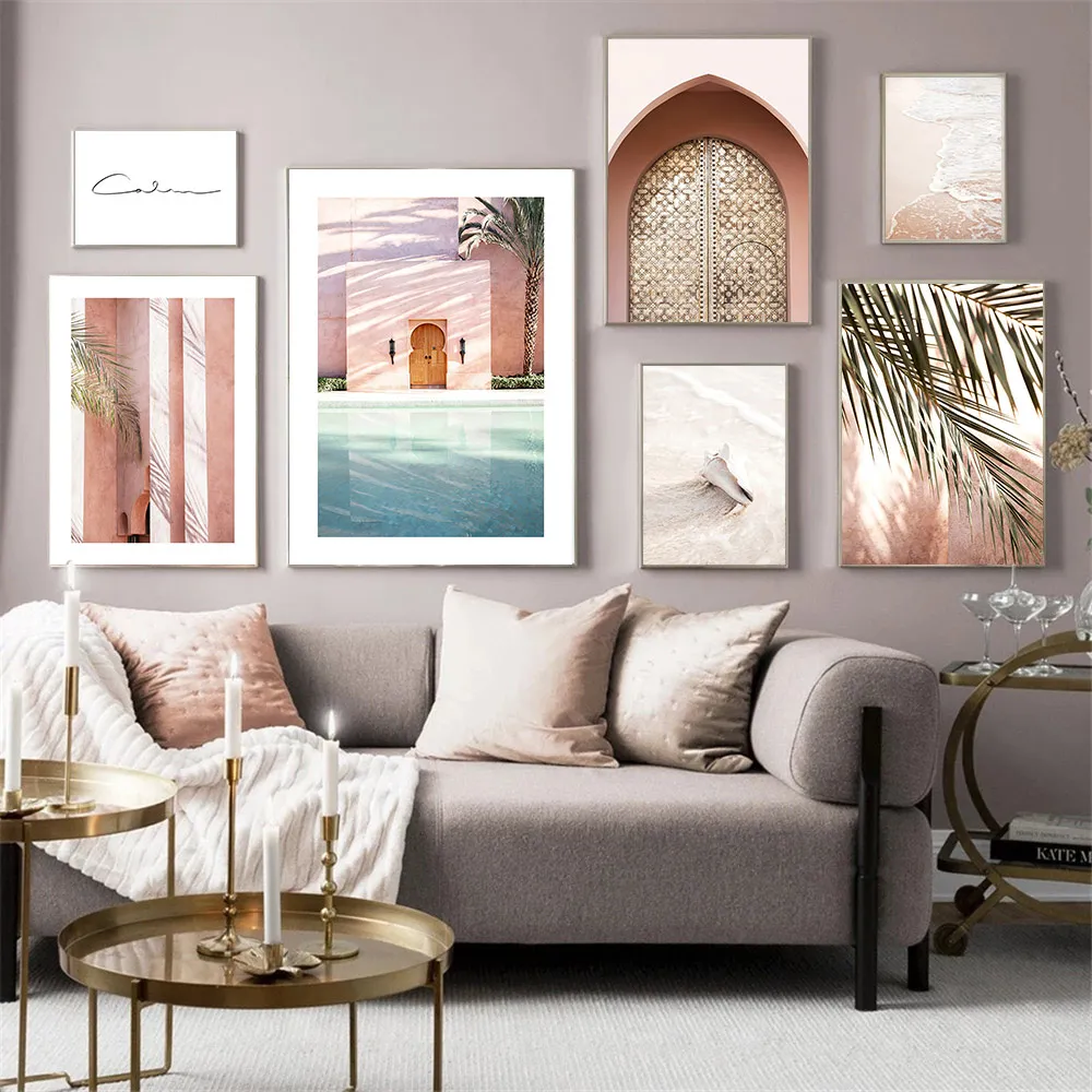 Постер золотой двери с пальмовыми листьями Пляжная Картина на холсте волнами