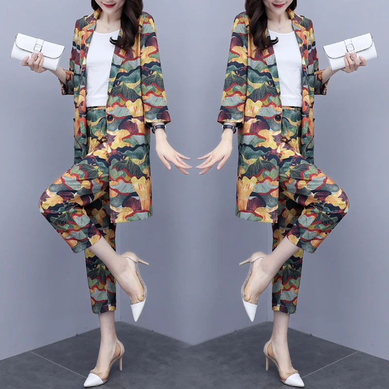 

Floral Print 2 Piece Office Set Women Ensemble Femme 2 Pieces Jacket&pants Ensemble Femme Survetement Year-old Female Costume