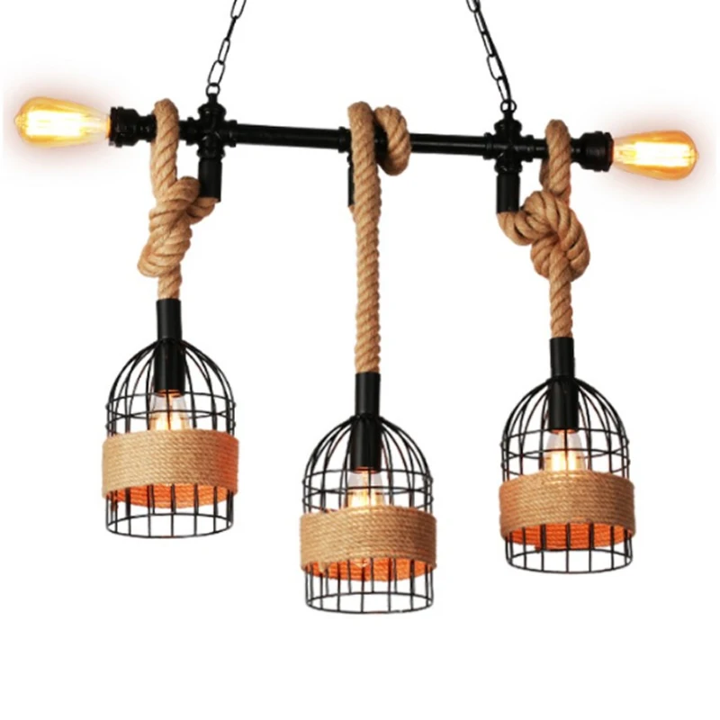 

Vintage industrial style water pipe hemp rope loft decoration creative bird cage design pendant lamp E27 coffee shop lighting