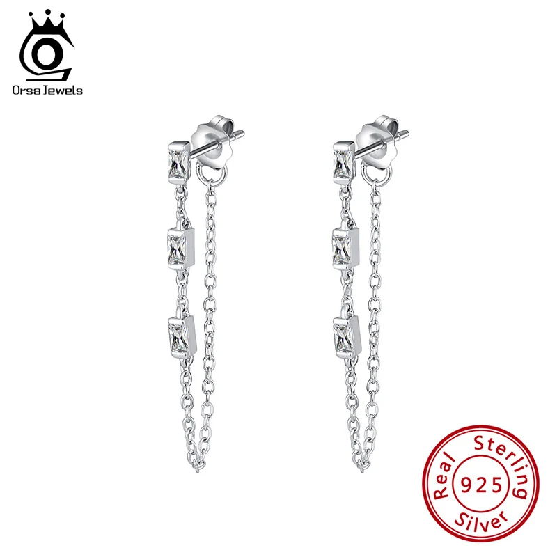Женские серьги подвески с цирконием ORSA JEWELS 925 серебряные сережки длинной линией