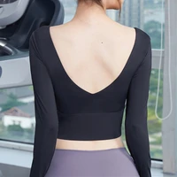 vansydical sexy backless yoga shirts women long sleeve tees for workout fitness femme gym crop tops with removable chest pad
