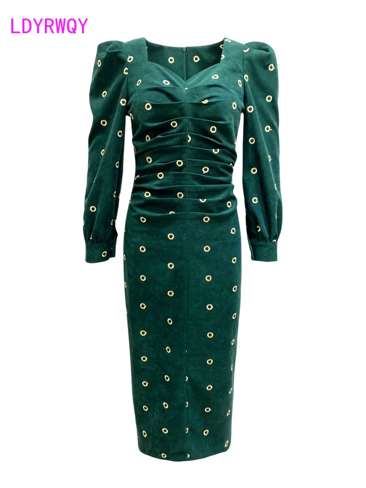 

Dark green corduroy dress female waist slimming 2021 autumn and winter new temperament slim hip bag