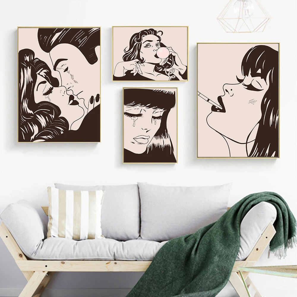 

Black White Pop Art Posters Nordic Prints Modern Vogue Comic Style Canvas Paintings Women Wall Art Picture For Living Room Decor