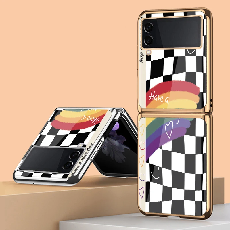 

Чехол-книжка Z Flip 3 для Samsung Galaxy Z Flip 3 Z Flip 2, радужный узор, покрытие из закаленного стекла, чехол для телефона
