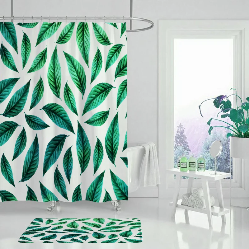 Занавеска с принтом зеленых тропических растений и листьев для ванной душа набор