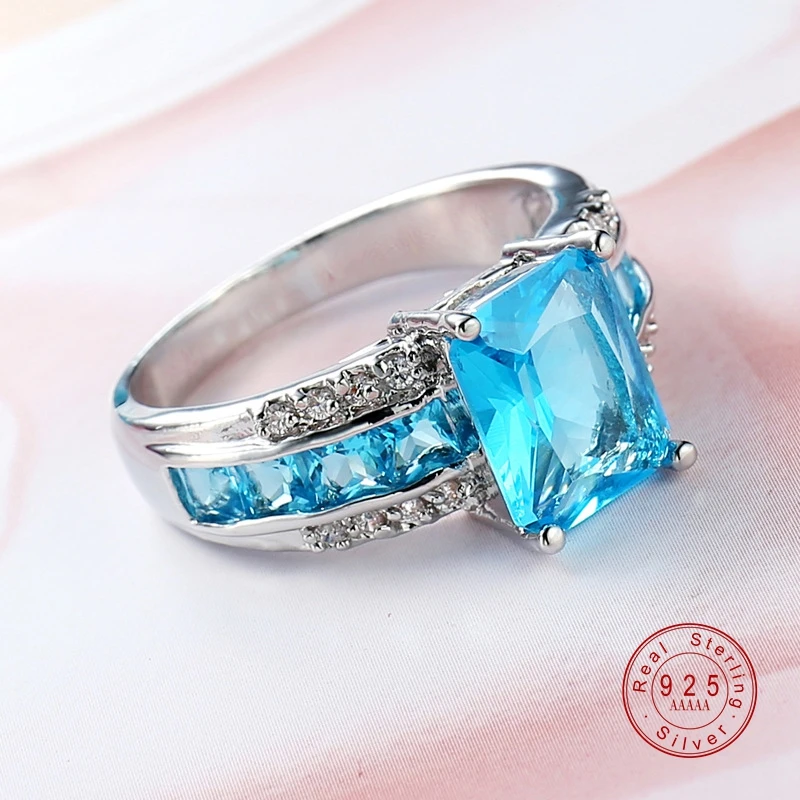 2019 New Fashion Crystal Wedding Ring with Big Ocean Blue Zircon Cut Surrounded by AAA Austrian CZ for Women Jewelry rings Gifts | Украшения