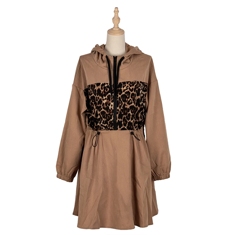 

Autumn Winter Leopard Patchwork Dress Women Drawstring Full Sleeve Casual Hooded Female Khaki
