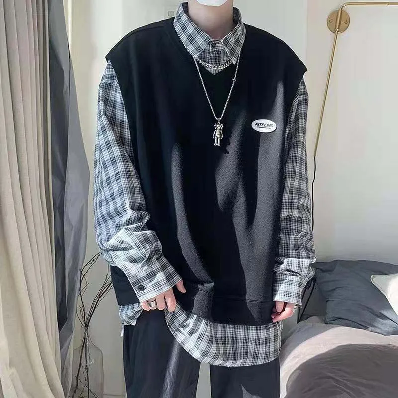 Fake Two-piece Shirt Male Autumn Korean Student Wild Trend Loose Ins Hong Kong Style Lazy Wind Lapel Sweater Men