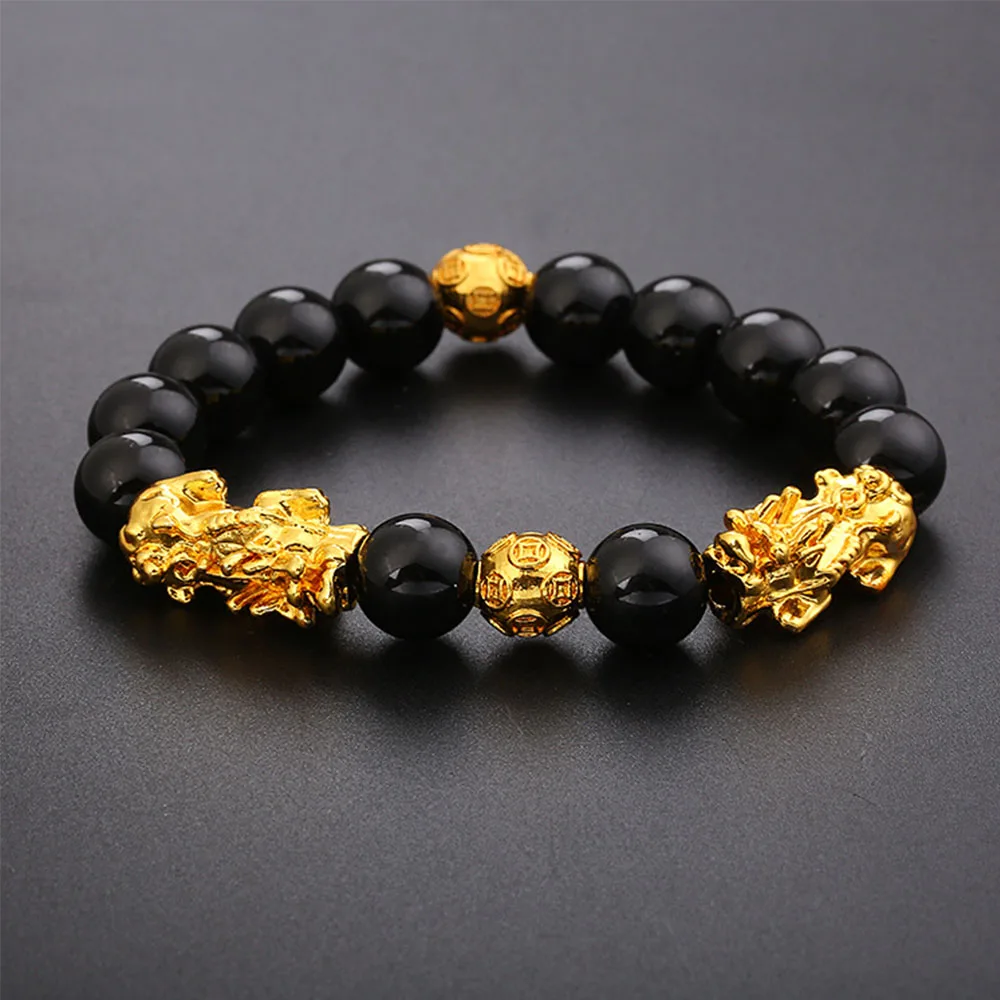 

Bracelet Obsidian Stone Beads Men Women Unisex Wristband Gold Black Pixiu Wealth and Good Luck Bracelet Fashion Jewelry
