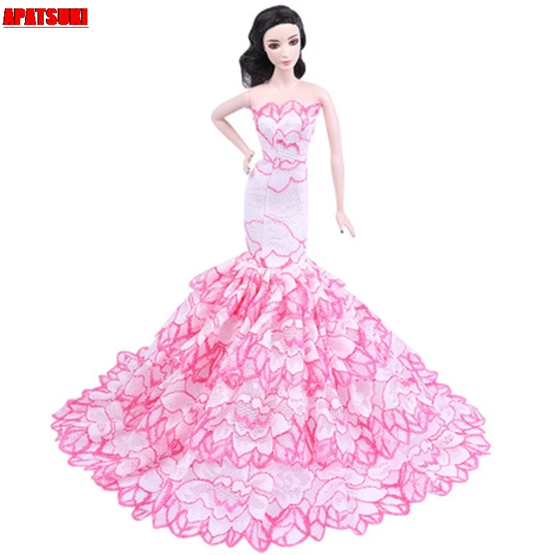 

Pink White Lace Fishtail Mermaid Dress Clothes for Barbie Doll Outfits Evening Party Gown for Barbie 1/6 Kids DIY Toy Gift