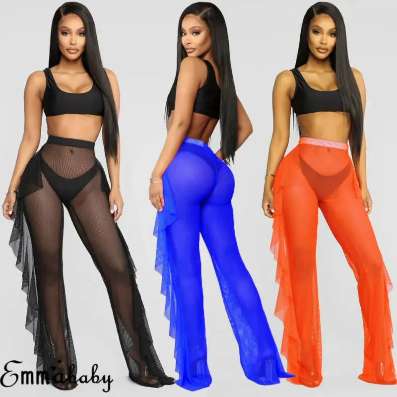 Sexy Women Beach Cover Up See Through Ruffle Pants Mesh Sheer Long Bikini Bottoms Swimsuit Swimwear | Женская одежда