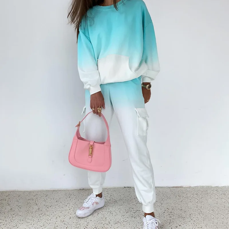 

2021 Autumn High-Quality Women's Loose Contrast Color Sports 2 Two-Piece Set Sexy O-Neck Pullover Sweater + Pants Casual Set