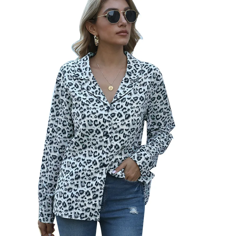 

V-neck Cardigan Chiffon Long-sleeved Gray Temperament Leopard Print Shirt Party Blouse