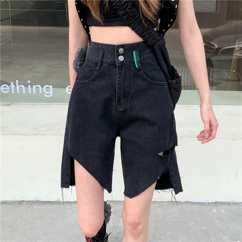 

Casual Summer Half Hole Denim Shorts for Women High Waist Loose Pockets Female Straight Jeans Shorts 2022 Ladies Streetwear