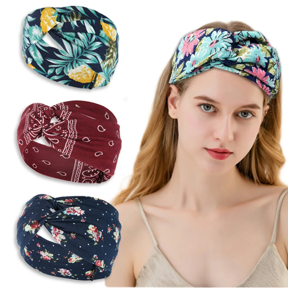 

MOFLO Wide-brimmed Cross Headband Woman Headband Printed Knitted Sweat-absorbent Headscarf Sports Yoga Headband Hair Accessories