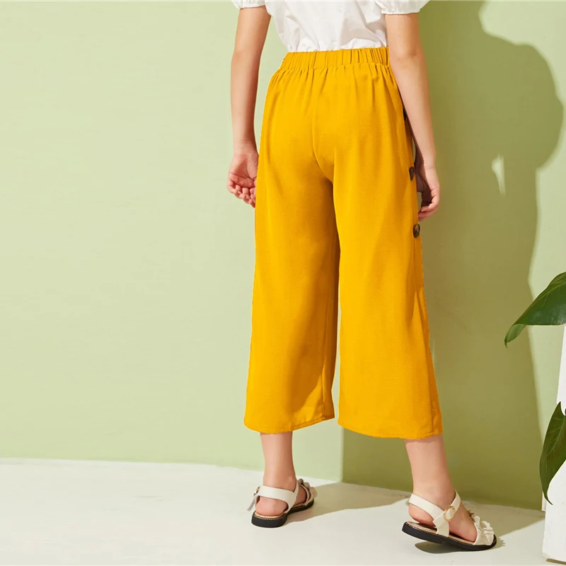 SHEIN Kiddie Girls Solid Button Side Pleated Palazzo Casual Pant Kids Bottom Summer High Waist Teenagers Loose Pants