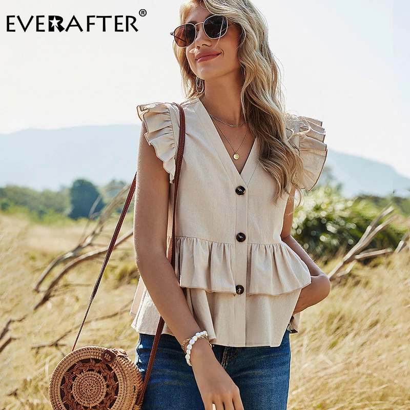 

EVERAFTER Casual Women Sleeveless Solid Blouse Ruffled V-neck Office Lady Shirt Button Elegant 2021 Summer Fashion Female Tops