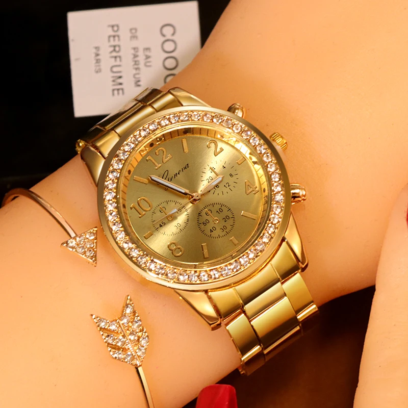 Geneva Brand Women's Watch Fashion Diamond Stainless Steel Luxury Ladies For Women Wristwatch relogio feminino reloj mujer | Наручные