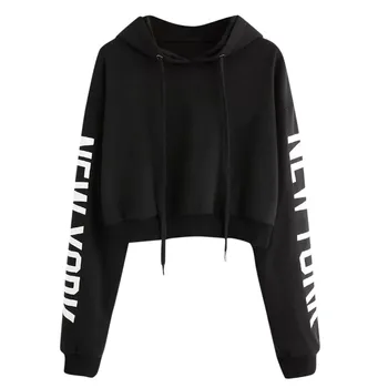 Autumn Hoodies Women Letter Long Sleeve Drawstring Sweatshirts Crop Top Hoodie Pullover Sweatshirt Black Top Blouse Sudaderas 1
