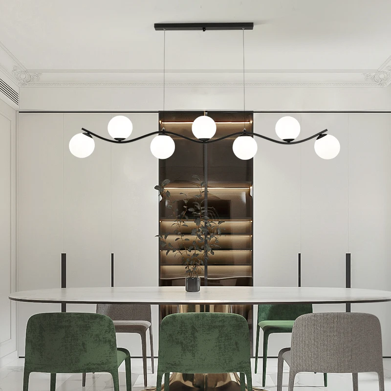 Goedkoop Moderne Eenvoudige Frosted Glas Bal Led Zwarte Kroonluchter Nordic Lange Hanglamp Voor Restaurant, Bar, Cafe, Kantoor Opknoping Licht