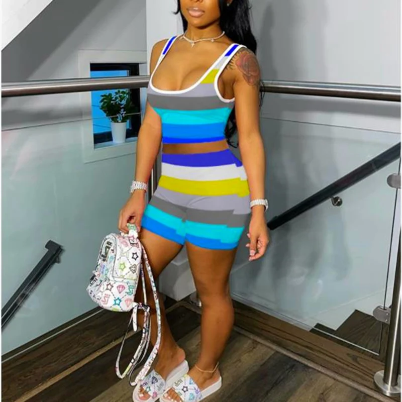 

Striped Casual Suits Women Two Piece Tracksuit Sets Summer 2021 Clothes For Ladies Lounge Wear 2pcs Outfits Shorts And Crop Top