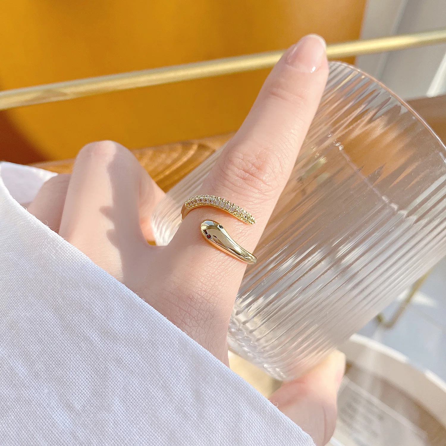 

High Quality 14K Real Gold Micro-inlaid Zircon Nail Shape Open Design Cz Ring for Women Date Daily Jewelry