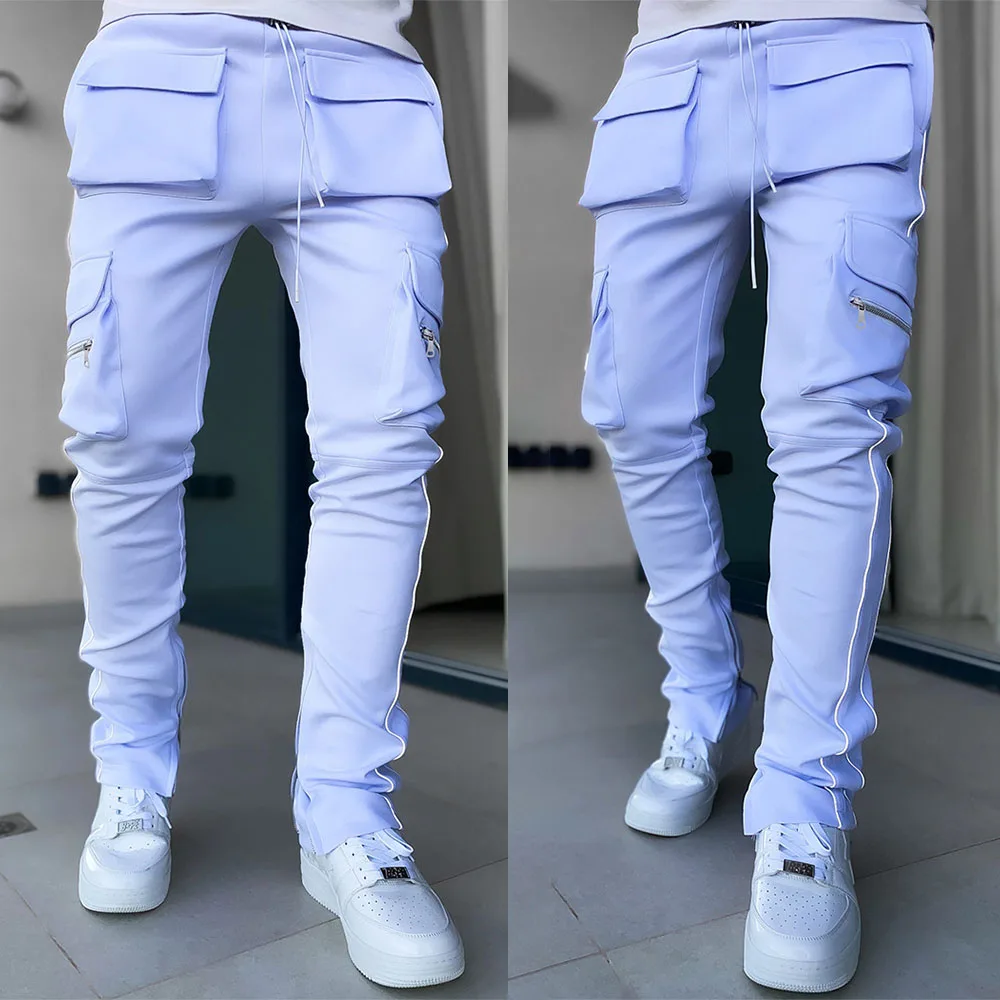 

2021 New Fashion Casual Pants Reflective Stripes Straight Sweatpants Multi Pockets Zipper Pants Men Pencil Joggers Skinny Pants