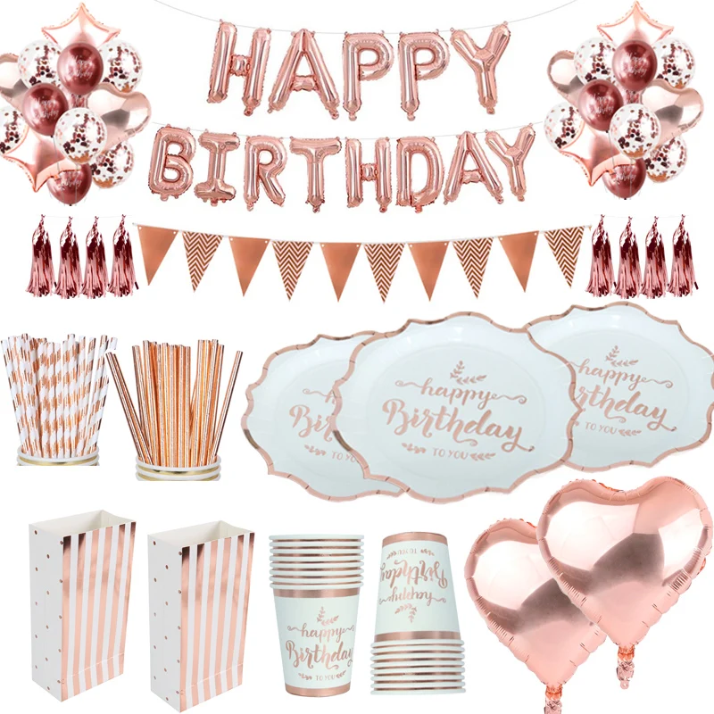 

CYUAN Rose Gold Happy Birthday Disposable Tableware Wedding Decoration 1th Birthday Kids Plates Cups Baby Shower Party Balloons