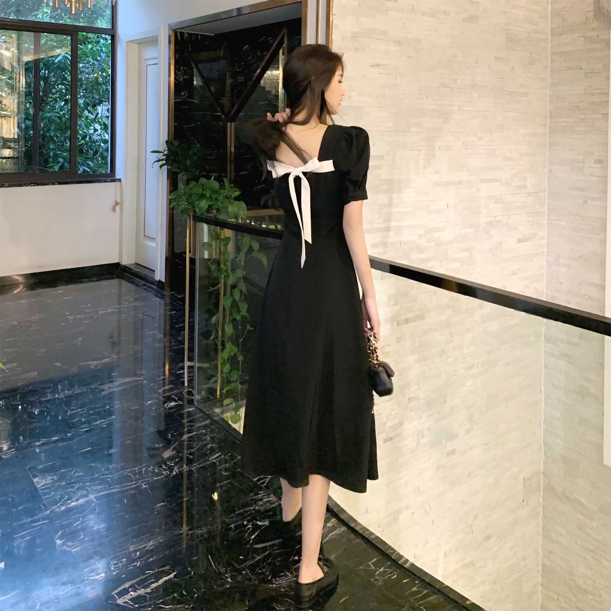 

Retro Little Black Dress Women's Summer New Sexy Sneaky Design Bow Backless Slim-Fit Figure Flattering Short Sleeve Dress