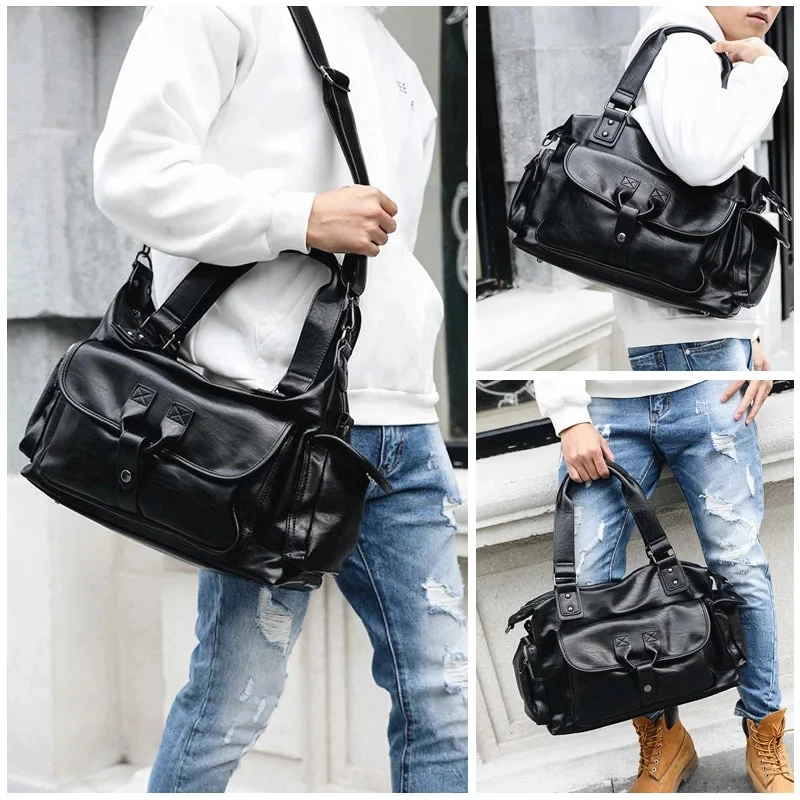 

High Quality PU Leather Men's Business Trip Handbags Large Capacity Travel Portable Luggage Bag Weekend Duffle Shoulder Bag