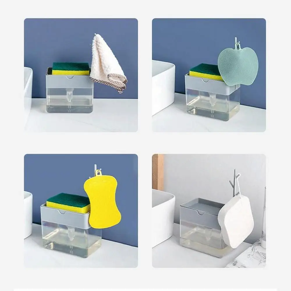 

3-in-1 Soap Pump Dispenser with Sponge Holder, Manual Push-in Soap Dish , Kitchen Cleaning Tool