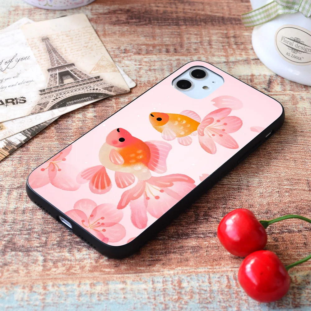 

For iPhone Cherry blossom goldfish soft TPU border Apple iPhone Case
