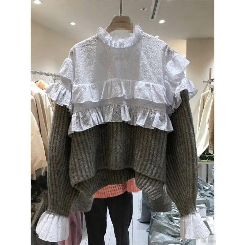 

Vintage Court Style Lace Hook Flower Sweater Stand Collar Long Sleeve Draped Pull Femme Fake Two Piece Fashion Sueter