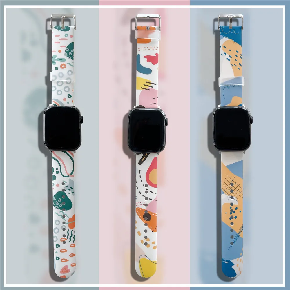 

New Printed Strap For Apple Watch Series 6 5 4 40mm 44mm Soft Sports Silicone Floral Flower Bands For iWatch Band SE 3 38mm 42mm