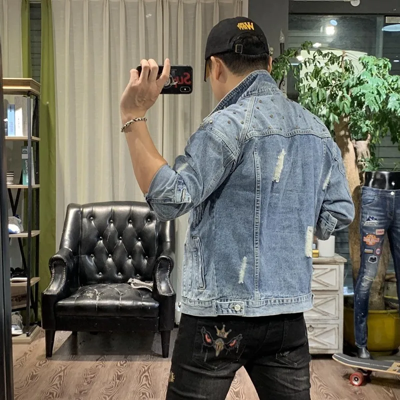 Весенне-осенние однобортные мужские джинсовые куртки с длинным рукавом