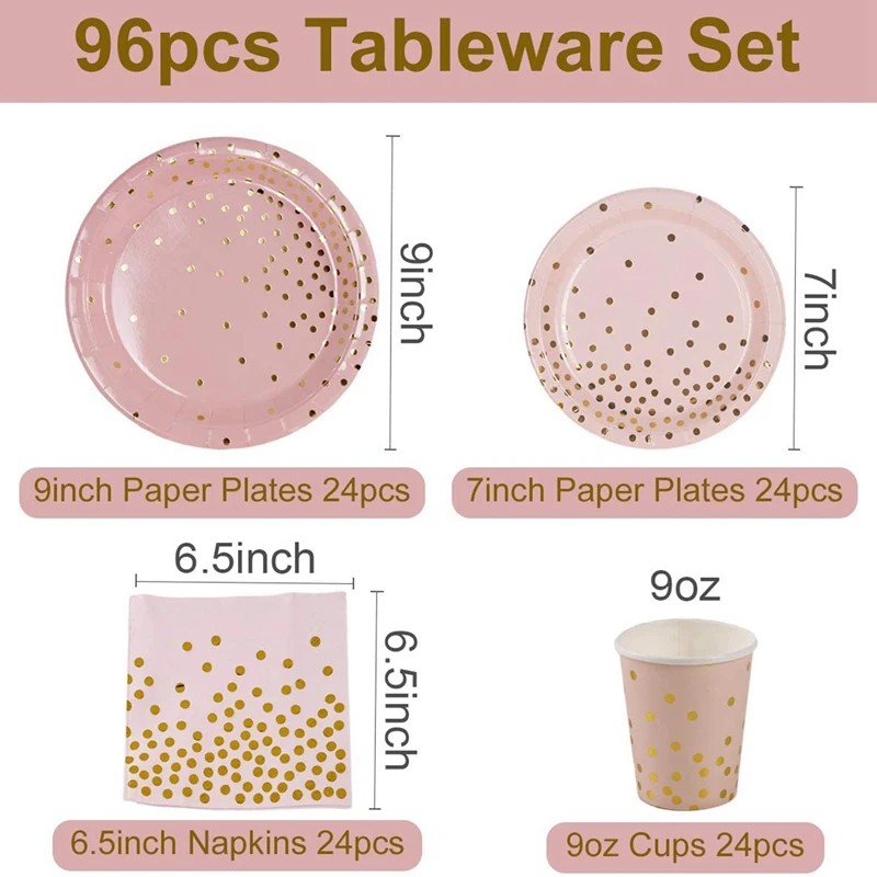 96 Pcs Pink Gold Dot Party Tableware Paper Plates and Napkins Cups for Wedding Bridal Shower Engagement Birthday | Дом и сад