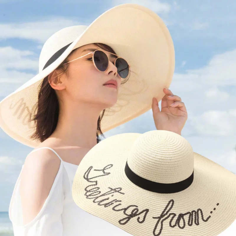 

Straw Hat Women Summer Big Wide Brim Embroidery Sun Protection Adjustable Floppy Foldable Beach Hats For Women 2021