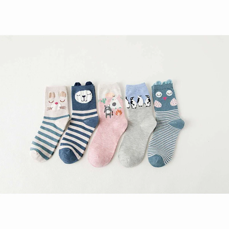 1 Pack Of 5 Pairs Of Women's Socks Sets Cute Cartoon Cat Pattern Socks Cotton Knitting Casual Comfortable Home Women Socks Sets