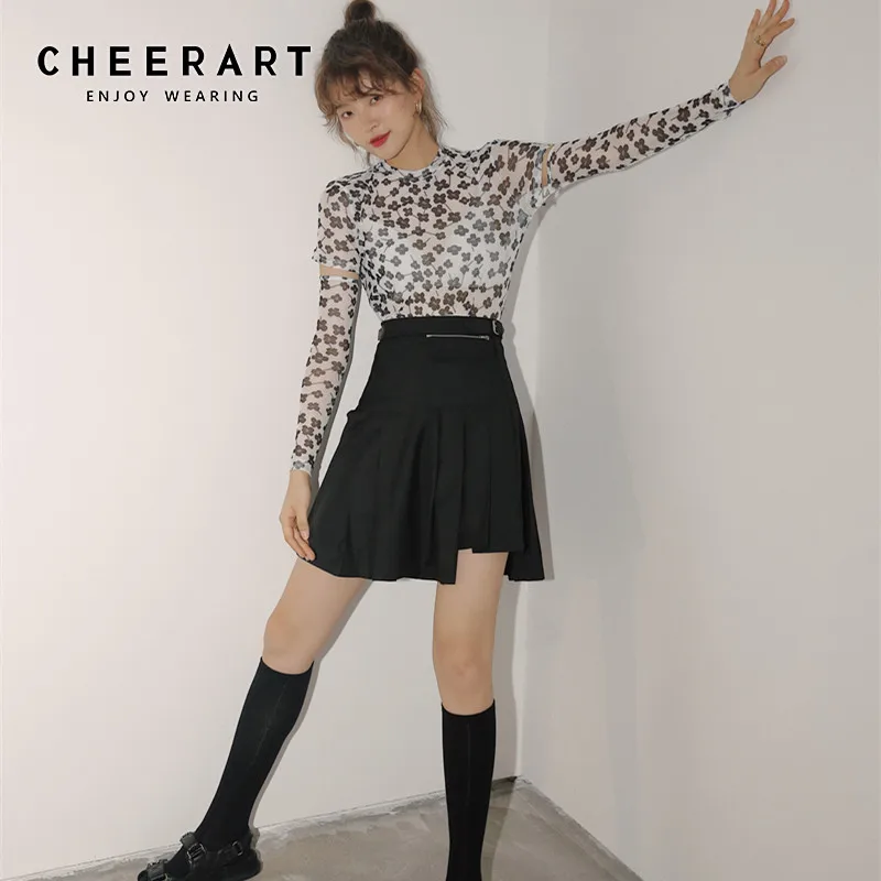 

Черная плиссированная мини-юбка CHEERART, Женская теннисная юбка с высокой талией и разрезом, летняя юбка 2020 на молнии в стиле преппи, корейская ...