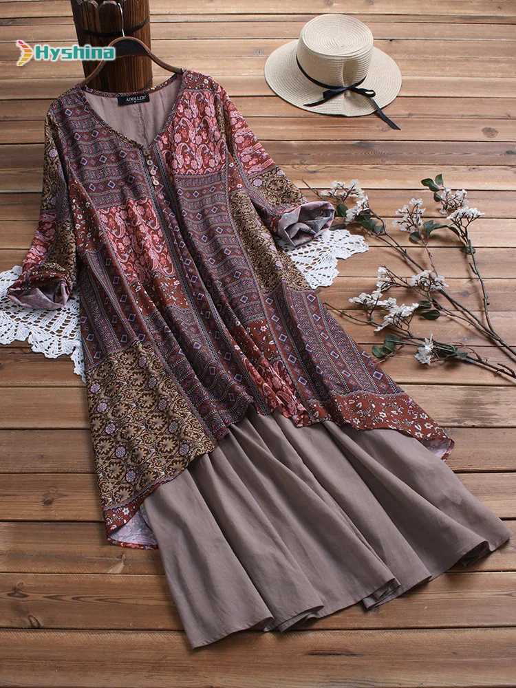 

Popular Summer New Dress Cotton Hemp National Style Printing Loose Large Skirt Women's Wear