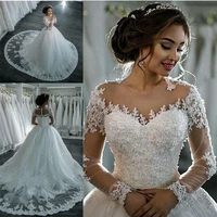 2022 new dubai elegant long sleeves a line wedding dresses sheer crew neck lace appliques beaded vestios de novia bridal gowns w