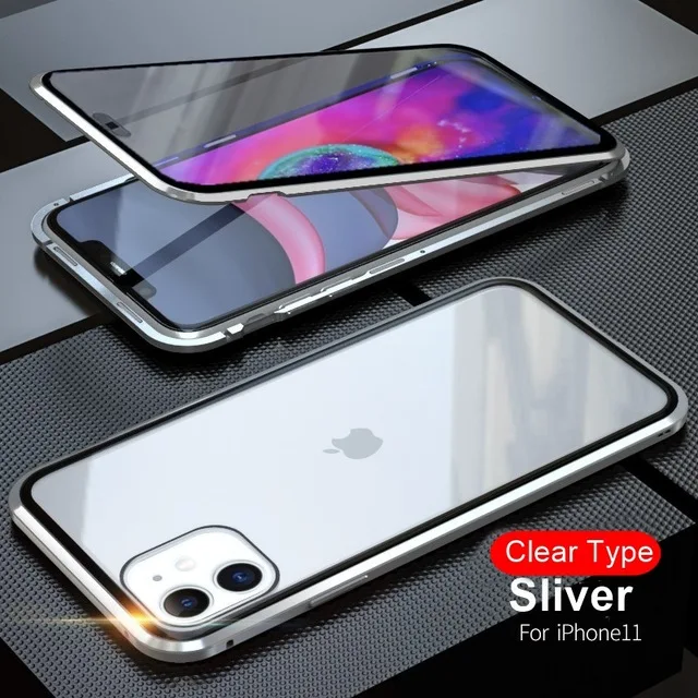 Transparent Silver Двусторонний стеклянный Магнитный чехол для iPhone 11 Pro Max XS MAX XR XS 8 Plus 7 Plus X 10 9 Plus Магнитный откидной Чехол - Цвет: Transparent Silver