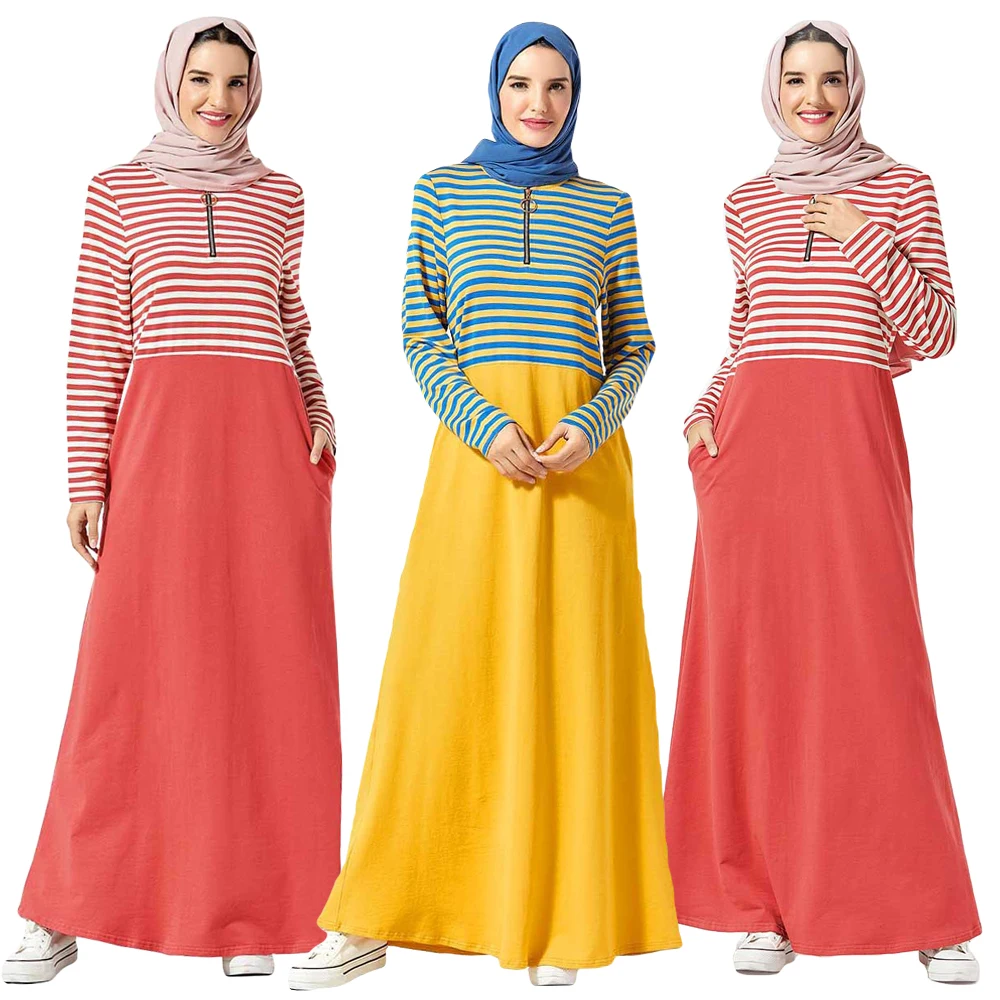 Модное повседневное женское платье макси Дубай с длинным рукавом полосатый