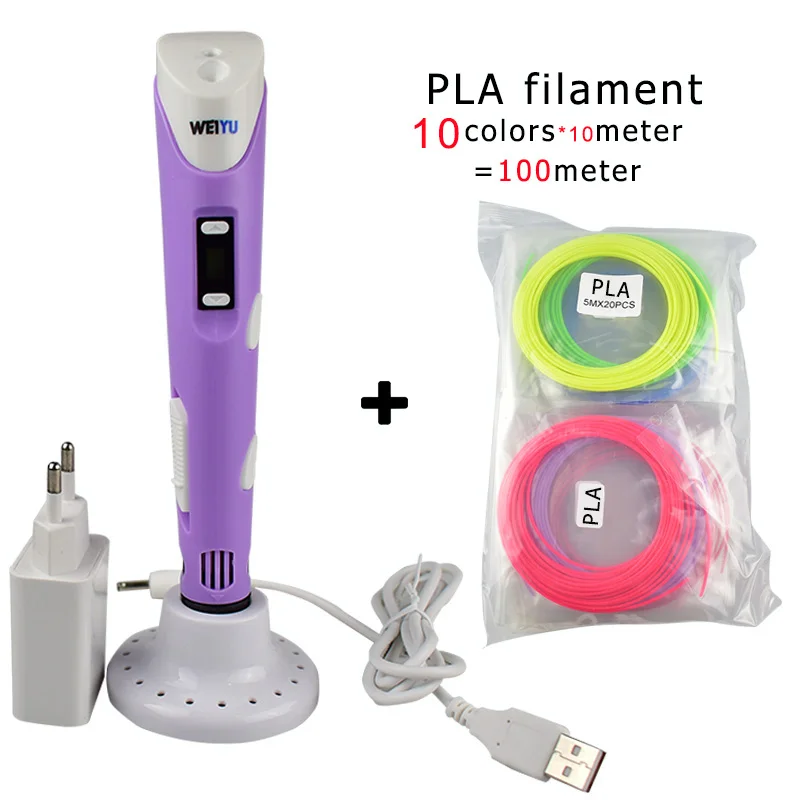purple and 100m Аутентичные 3D Ручка 3d печати pen-3d 1,75 мм pla Синтетическая нить Рождественские подарки+ Бесплатные покраска рисунки+ 5 v 2A usb адаптер - Цвет: purple and 100m