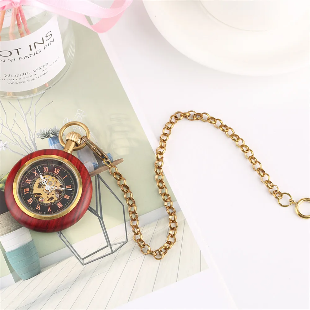 Red Wood Roman Numerals Open Face Pendant Mechanical Pocket Watch Durable Bronze Antique Hand Winding Pendant Chain Male Clock
