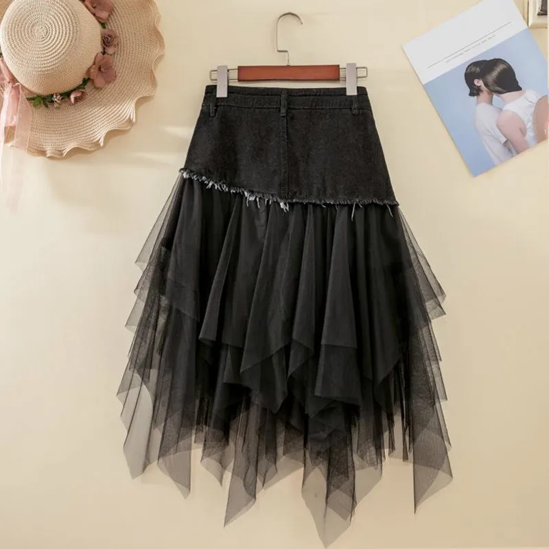 Summer Denim Jeans Skirt Women irregular High Waisted Tulle Skirts Mesh Patchwork Pockets Pleated Mid-Calf Tutu Street 2021 | Женская