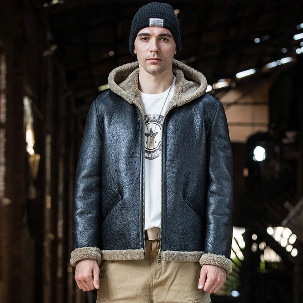 Шуба LUHAYESA мужская с капюшоном теплая натуральная овчина кожа коричневый черный