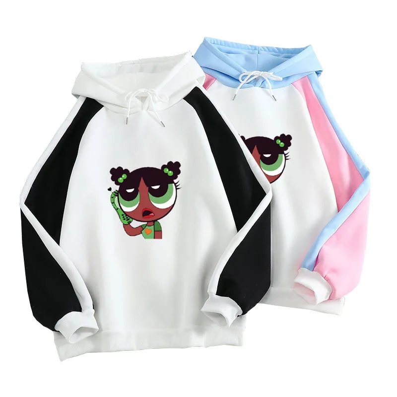 

2021 Winter Kawaii Cartoon Color-blocking Ladies Hoodie Cute Powerpuff Anime Printed All-match Casual Kpop Fashion Sweatshirt
