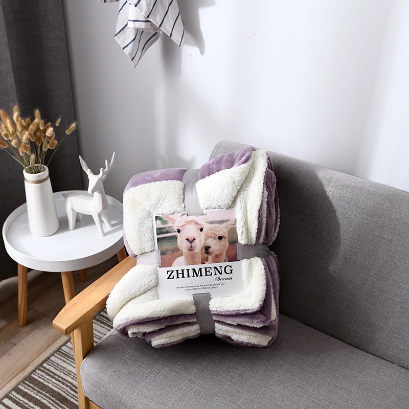 Light purple Одноцветное Коралловое кашемировое Двухслойное одеяло, зимнее утолщенное теплое одеяло для кровати, многофункциональное портативное дорожный плед - Цвет: Light purple